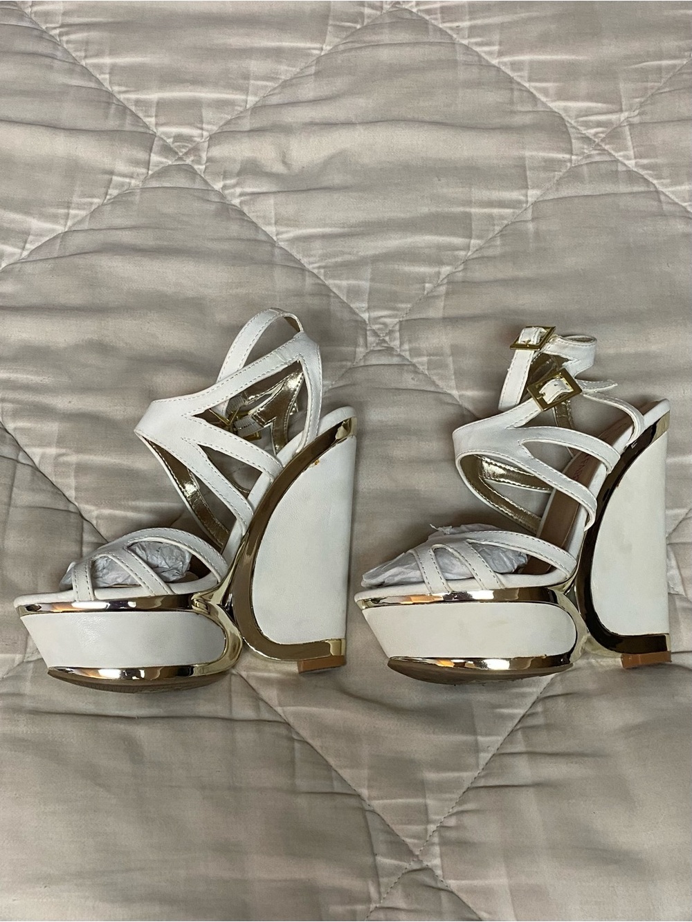 Brand New - White Platform Wedge Sandals with Gold Trim